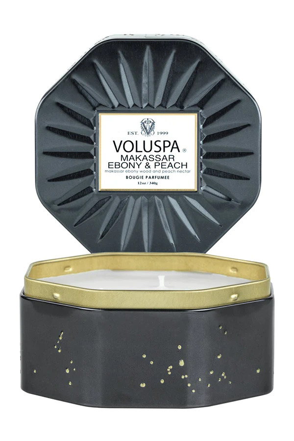 VOL-6862.jpg VOLUSPA, Makassar Ebony n Peach, 3 Wick Octagon Tin Candle, 50H, 340g - Image 1